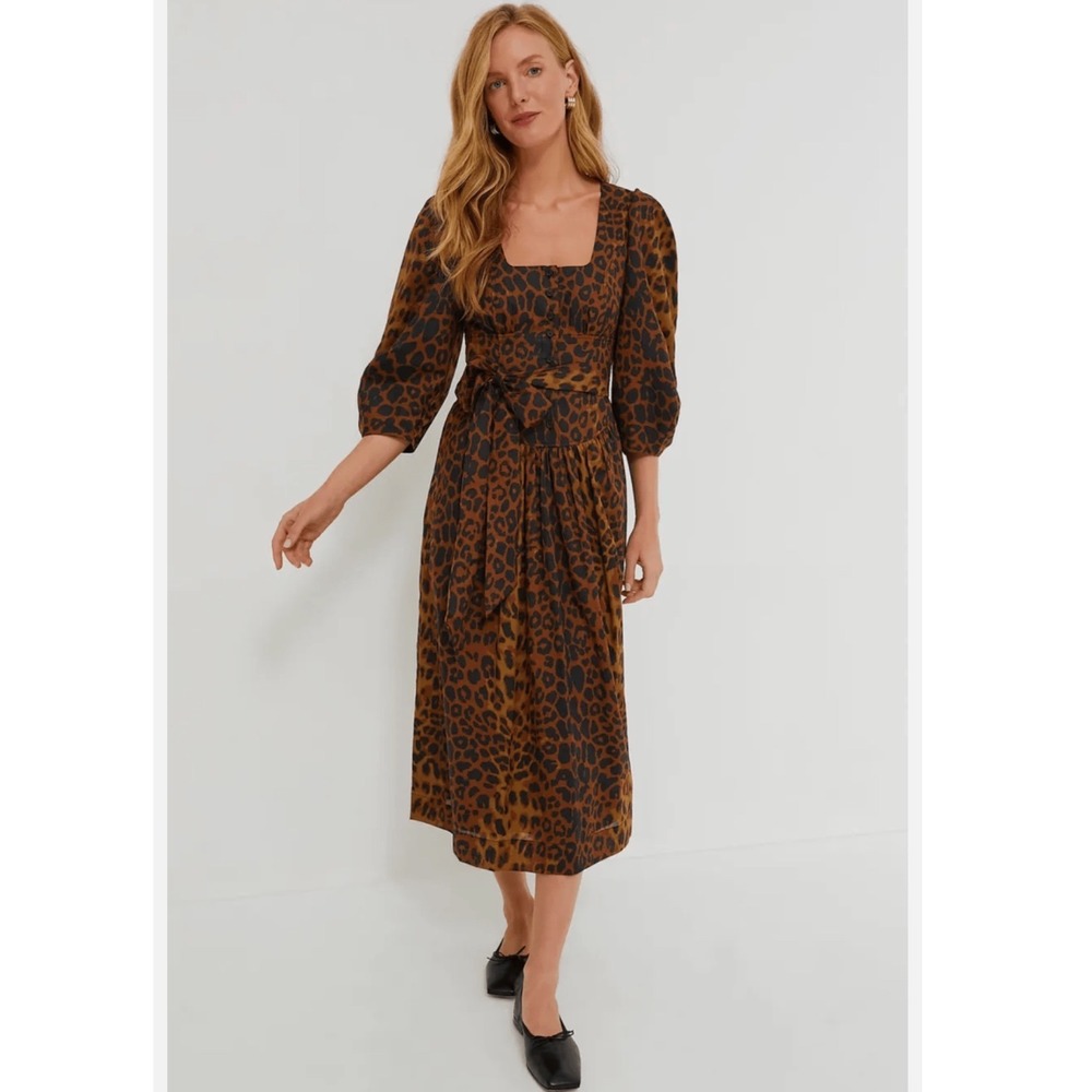Tuckernuck Graciela Leopard Print Square Neck Puff Sleeve Cotton Midi Dress 0